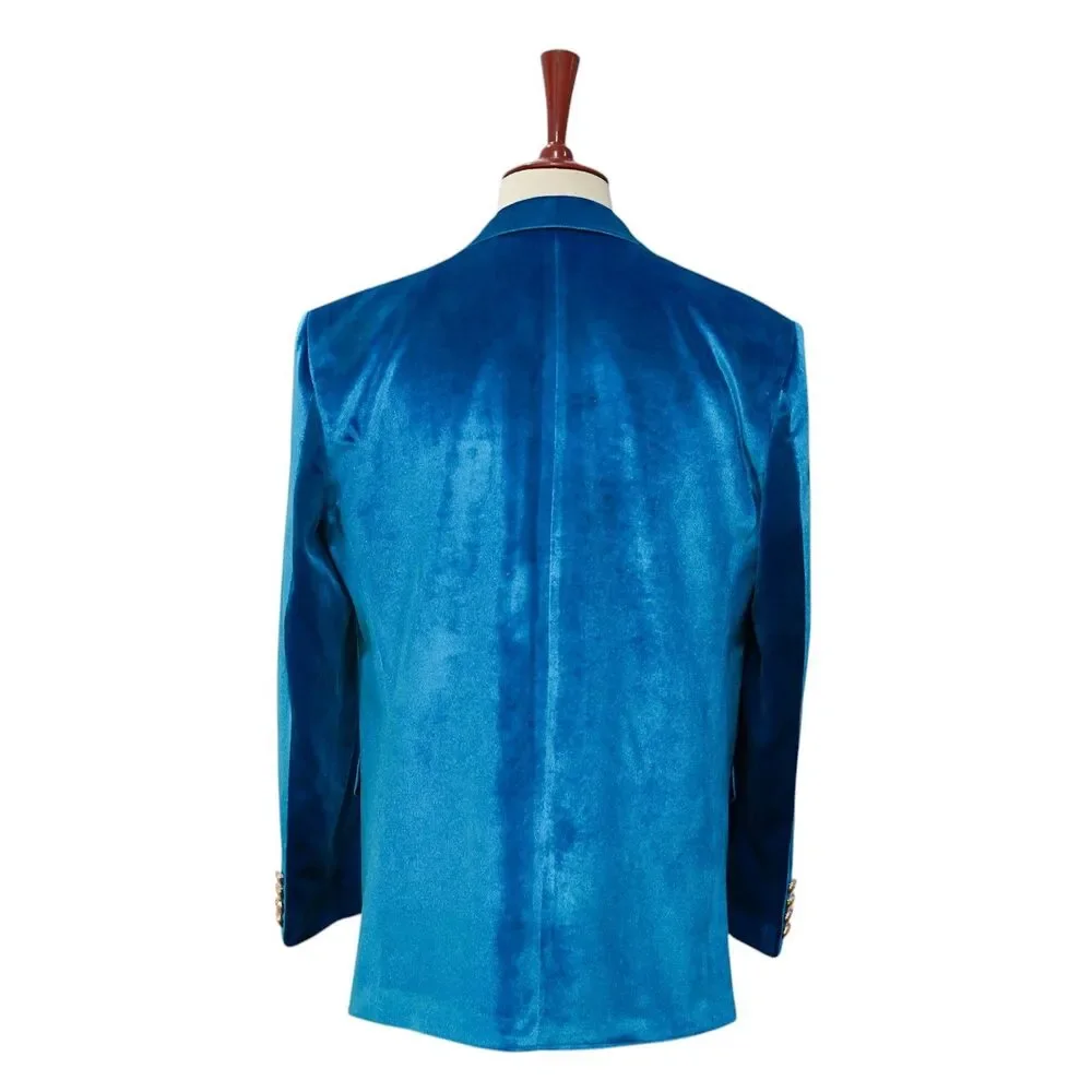 Mens 42R Turquoise Blue Velvet Blazer Hand Embroidered Lapel Tuxedo Suit Jacket